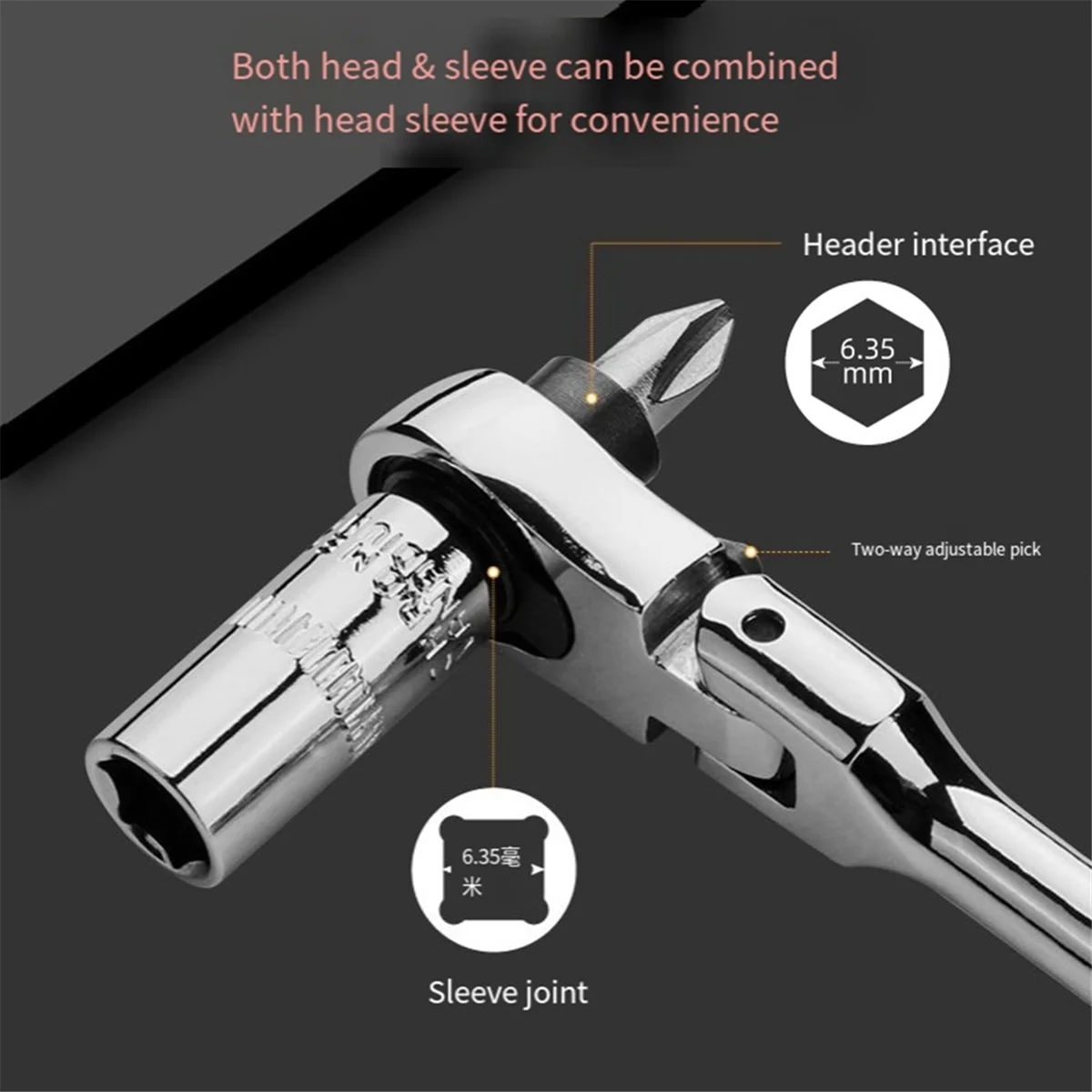 Llave de trinquete de mango redondo 2 en 1, 1/4 de doble extremo, 72 dientes, herramienta de llave rápida, punta de destornillador