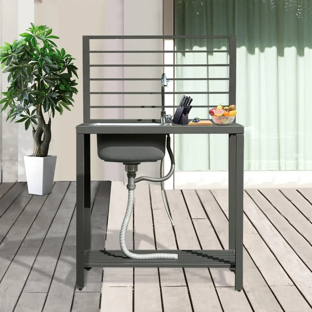 Free Standing Aluminum Finish Kitchen Sink with Cold and Hot Water Pipe, Stainless Steel Sink Protective Cover, Dark Gray