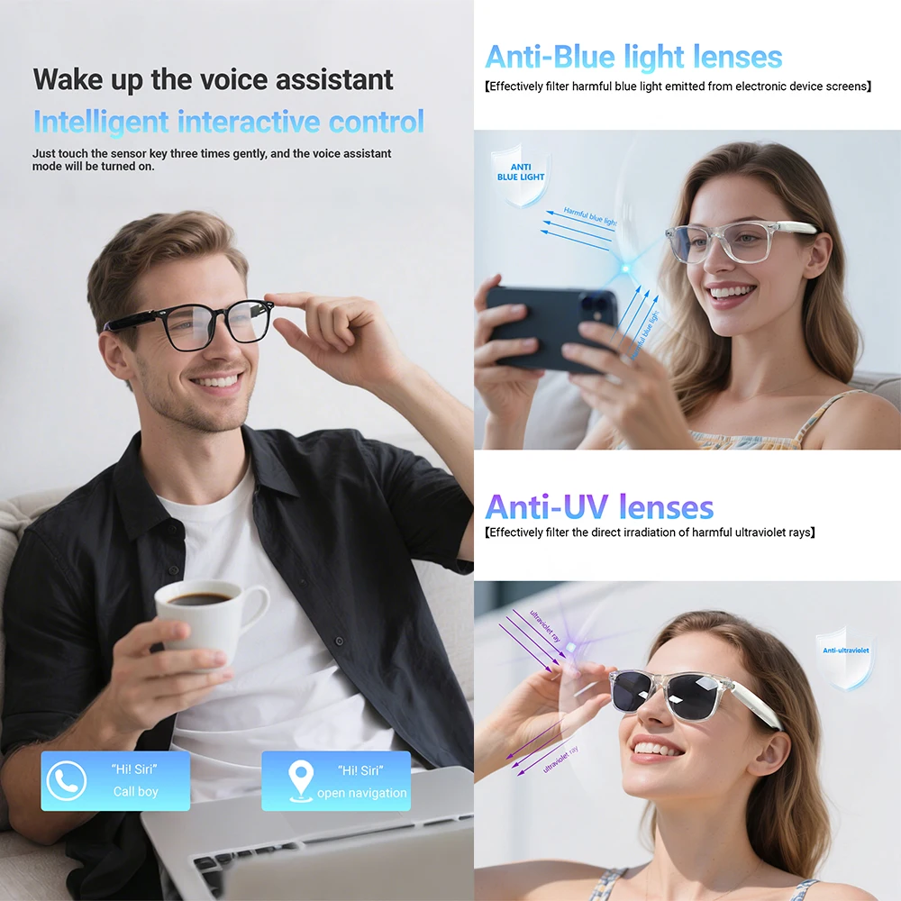 F16 نظارات الصوت الذكية بلوتوث دعوة AI ترجمة نظارات ذكية AI فيديو الدردشة ستيريو الصوت النظارات للرجال والنساء