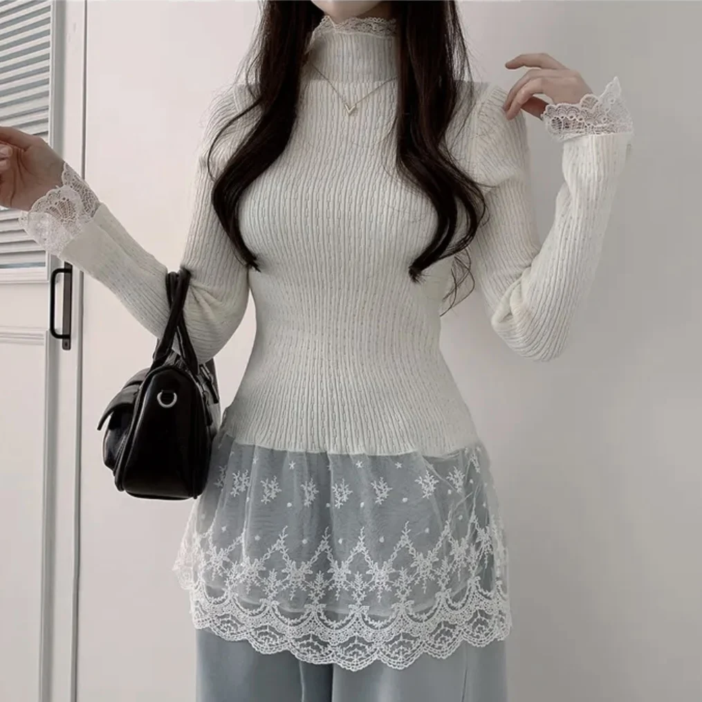 

Women's Lace Trim Knitted Sweater Chic Patchwork Sweet Sle Slimming Base Layer Overhead Long Sve Winter Top