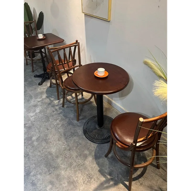 American retro cafe solid wood table and chair combination baking milk tea dessert shop table western restaurant bar square roun