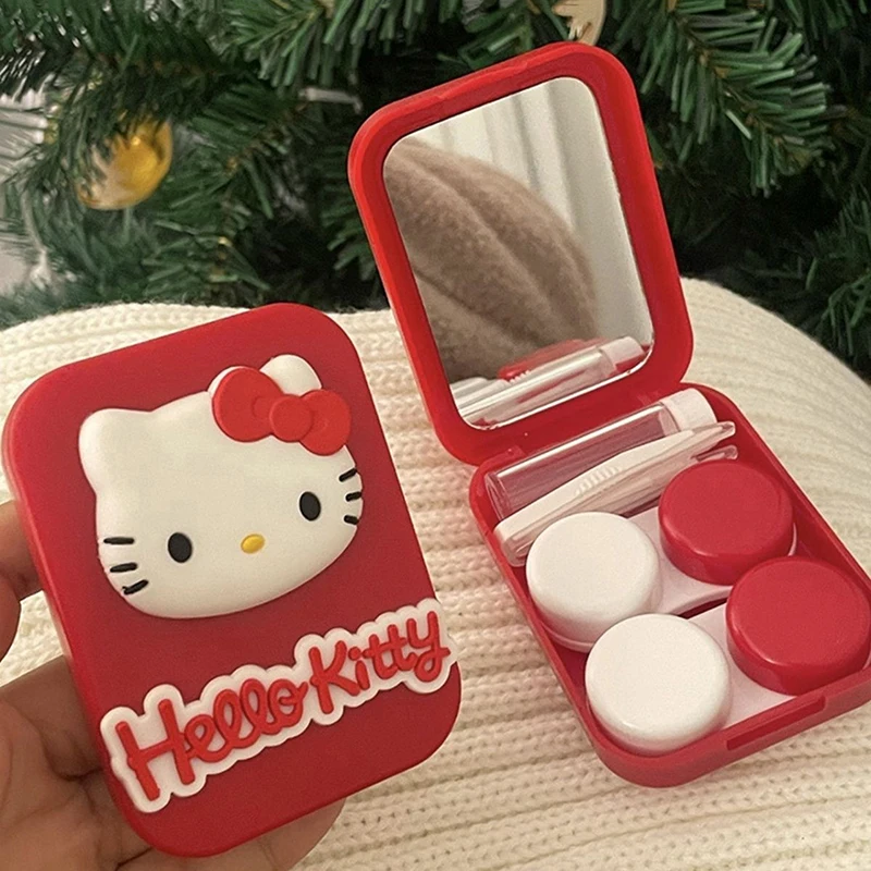 Nowe pudełko na soczewki kontaktowe Sanrio Hello Kitty Red Cute Romantic Cartoon Anime Przenośne podróżne pudełko do przechowywania soczewek kontaktowych Kawaii