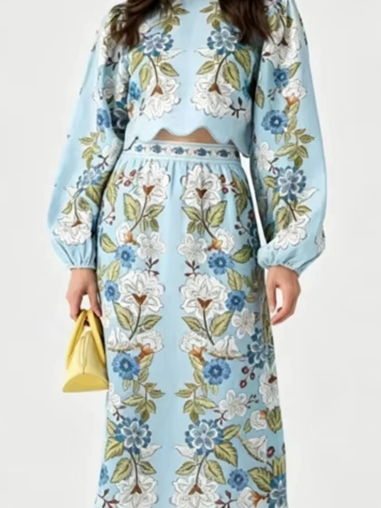 

Fashion O-neck Pullover Top & Skirt Outfits Casual Long Sleeve Women's Bohe Suit Elegant Flower Print Hight Waist Long Skirt Set