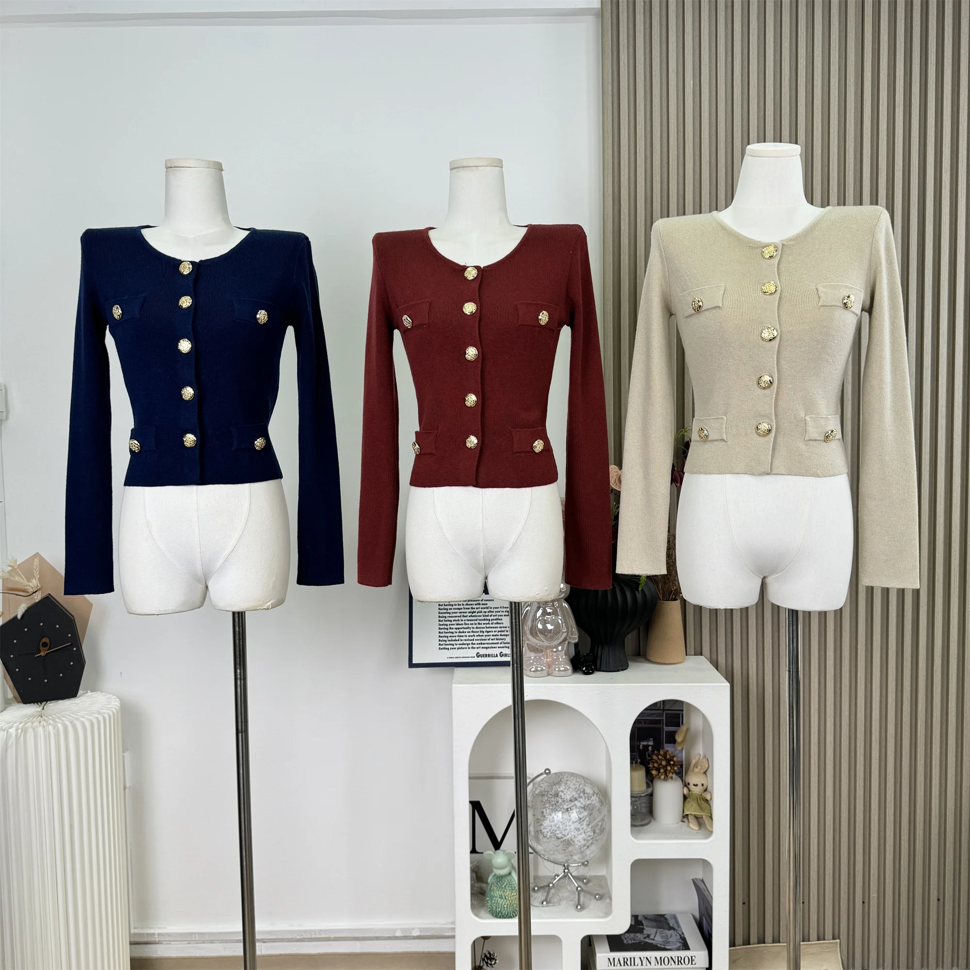 Women's Autumn Winter O Neck Slim Short Cardigan Lady Elegant Golden Button Long Sleeve Solid Color Cardigan