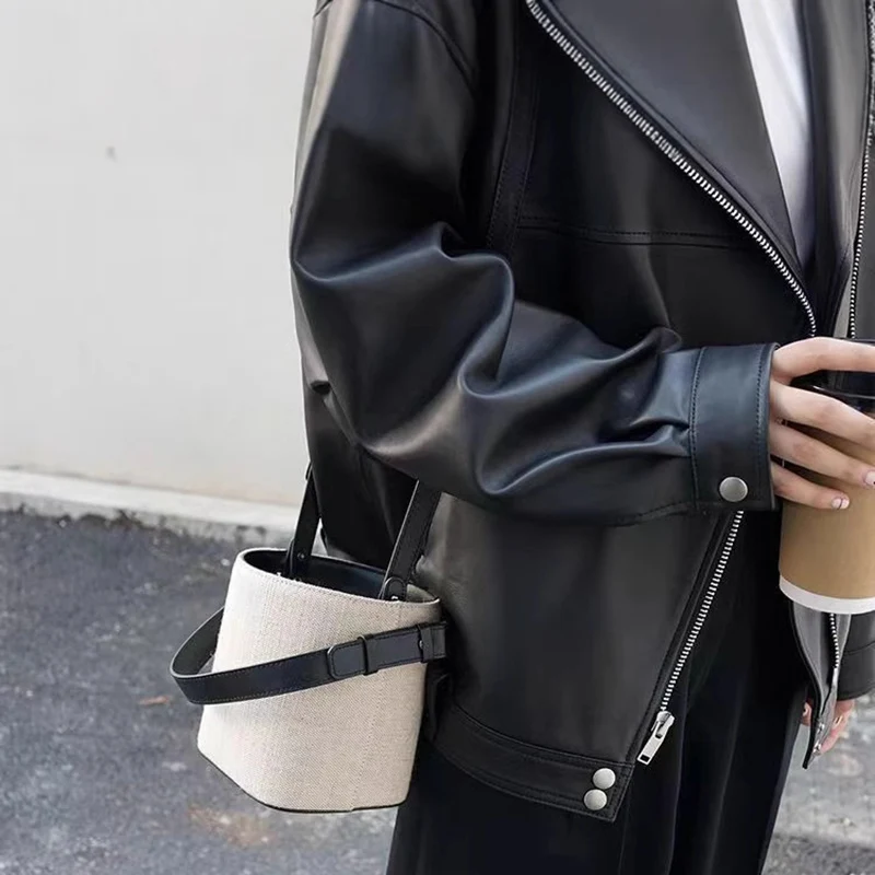 2025 abrigo de cuero suelto de ocio para las cuatro estaciones, chaqueta holgada de cuero PU a la moda para mujer, chaqueta estilo cremallera, Top Otoño Invierno