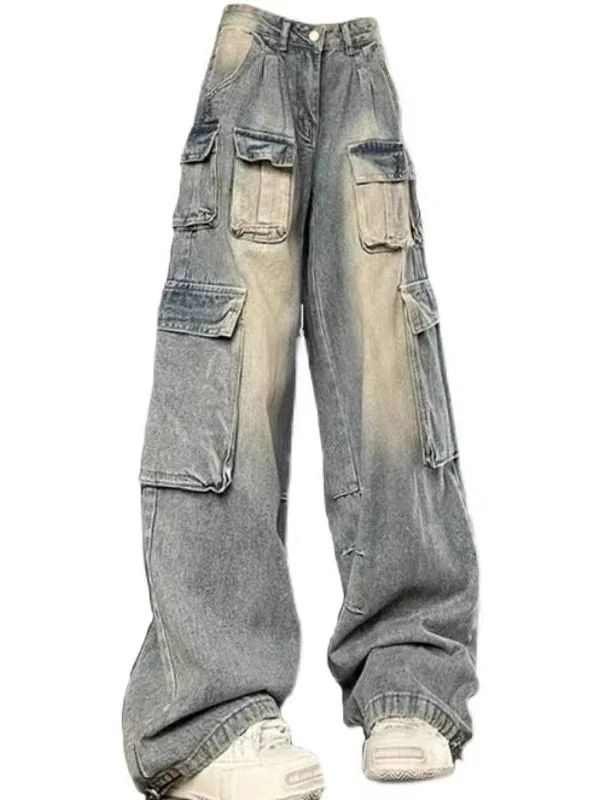 Large Size Denim Pants Women's Vintage Wide Leg Loose Workwear Trousers Multi-Pocket Design High Waist Resistant to Wear