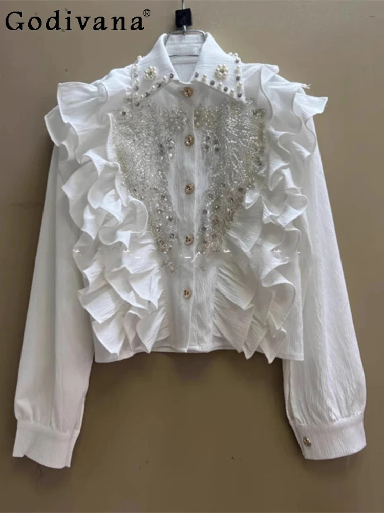 

New Embroidery Hollow Beads Ruffles Turn-down Collar Shirt Women Spring Autumn French Long Sleeve Fashion Versatile Korean Top