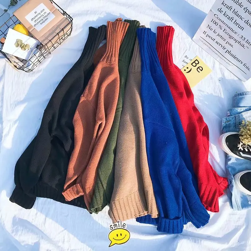 سترة محبوكة فضفاضة ذات ياقة عالية للرجال لون نقي للخريف والشتاء نمط جديد النسخة الكورية ملابس خارجية للزوجين قابلة للتنفس... #1