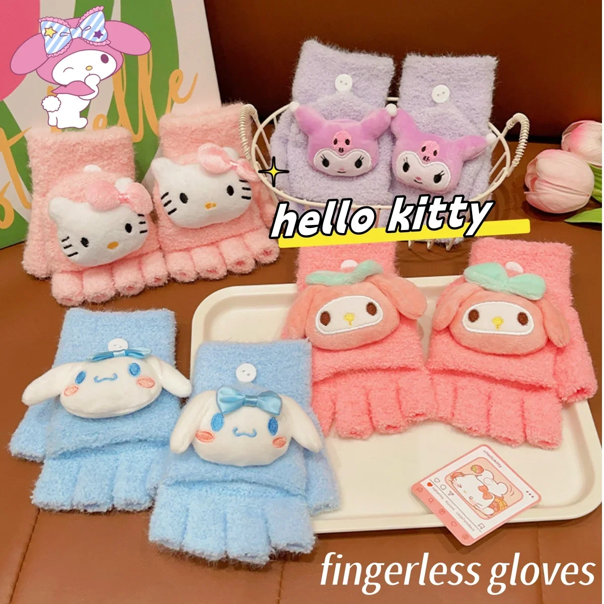 hello kitty children sanrio little girl plush cute warm flip cover thickened kuromi fingerless gloves black  winter  anime