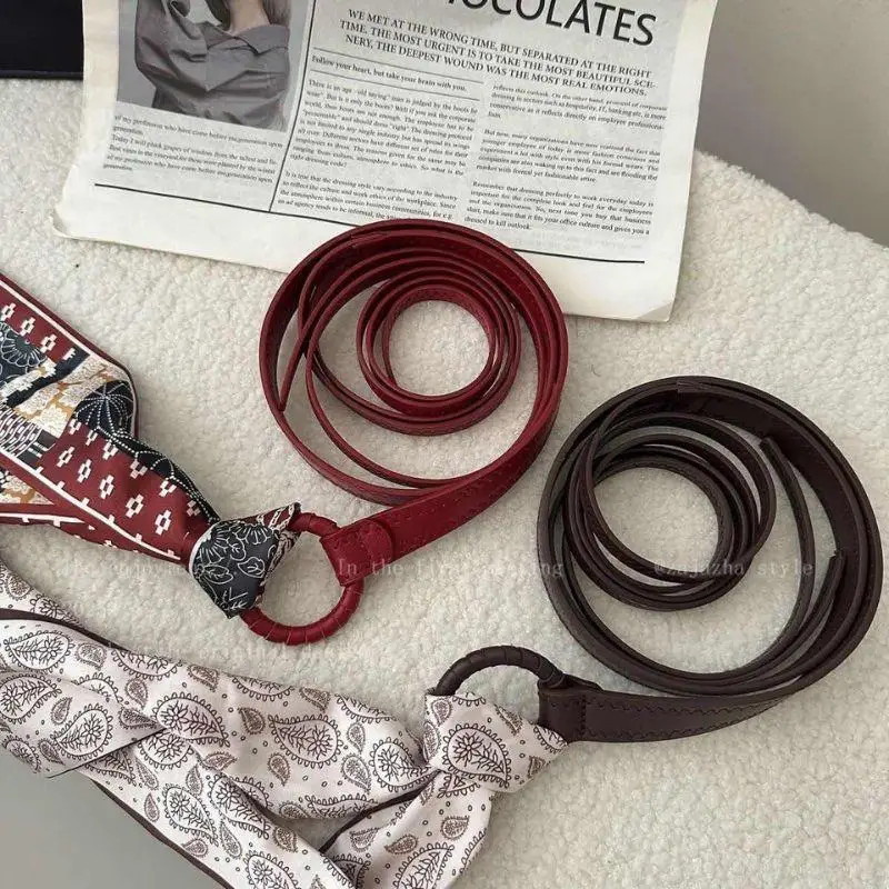 

Decorative Hip Hop Thin Belt Vintage Red Black Khaki Waist Belt Punk Bandana Silk Scarf Leather Belt For Denim Jeans Woman