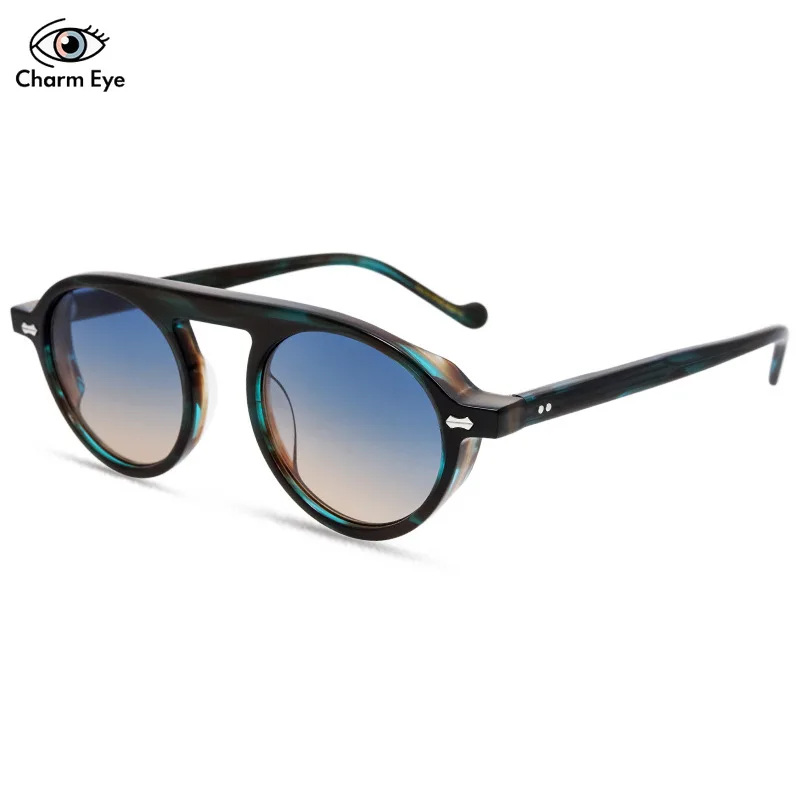 

High End Single Beam Design Acetate Sunglasses for Men and Women Car Driving UV400 Outdoor Sports Round Frame Blue Sun Glasses