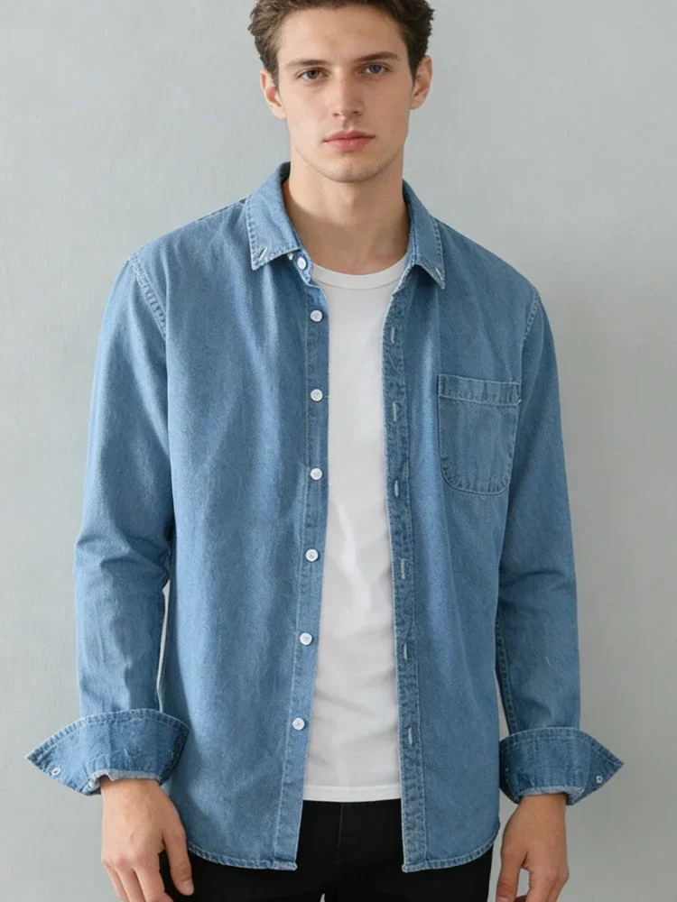Men's 100% Cotton Denim Shirt Long Sleeve Casual High Street Classic Tops Comfortable Daily Outwear Light Blue Black Dark Blue