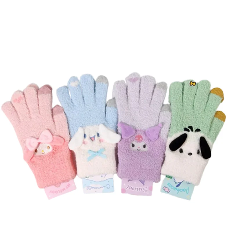 Cartoon Kawaii Cinnamoroll Warm Gloves High Beauty Sanrio Winter Plush Cold Resistant Gloves Kuromi Student Five Finger Gloves