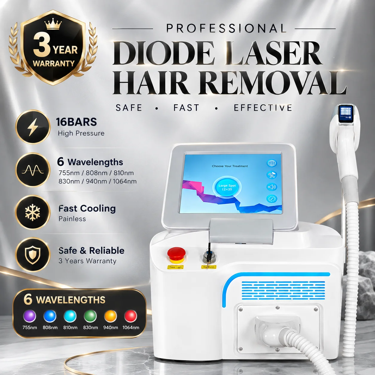5000W 10Bars 4 Wavelength FAC Hair Removal  Machine Semiconductor Water Cooling+air Cooling808nm Diode Laser Devicee