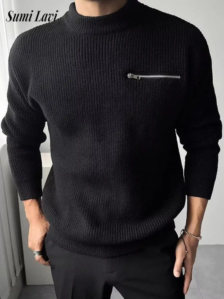 

Модные тонкие свитера с воротником-стойкой, мужские повседневные простые однотонные джемперы на молнии, мужские осенне-зимние повседневные свитера для отдыха