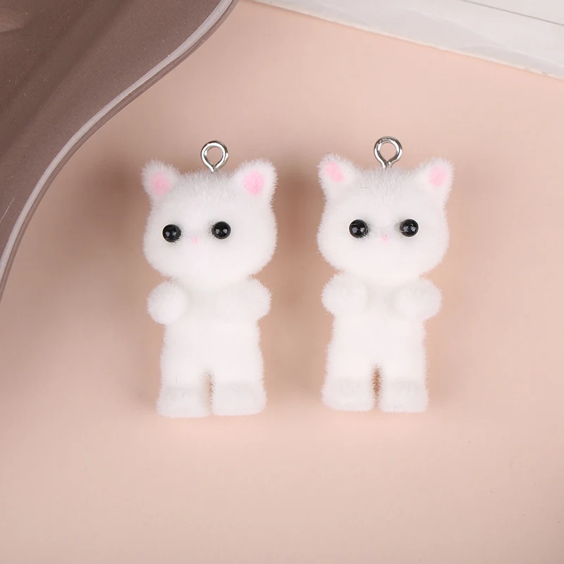 2PCS Cat Bear Pendant Kawaii 3D Fluffy Flocking Charms Miniature Dolls Keychain Necklace Pendant DIY Crafts Jewelry Make