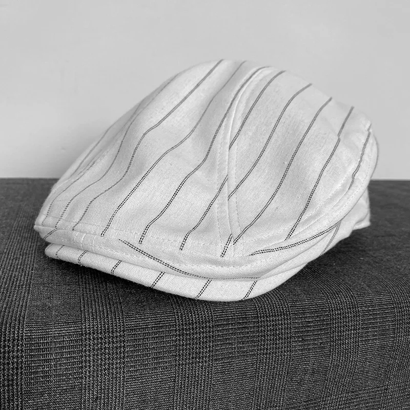 Spring Summer Linen Newsboy Cap New White Striped Breathable Beret Men\'s Women\'s Literary Retro Hat England Hats Male Hats 53