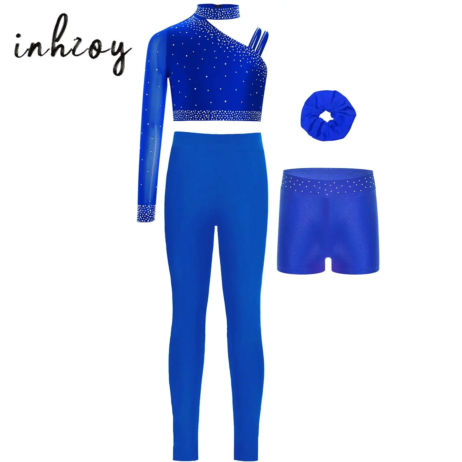 

Kids Girls Gymnastics Dance Outfit Sparkly Rhinestones Crop Tops+Shorts+Hairband+Leggings Pants for Ballet Workout Performance