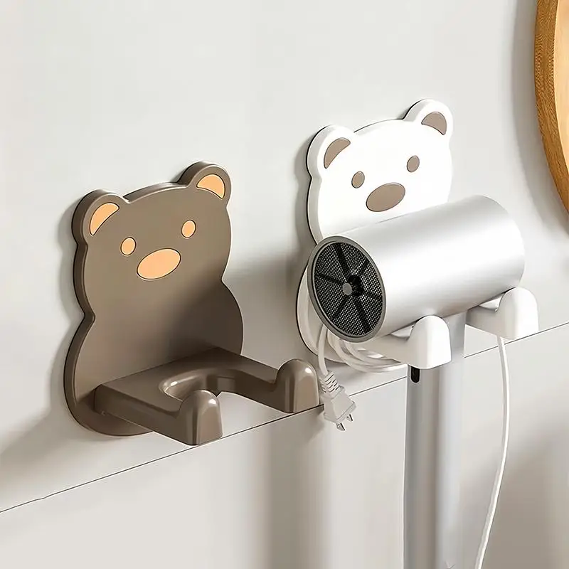 Little Bear Hair Dryer Holder Easy Install Wall-Mounted No-Drill Bathroom Organizer For Electric Blow Dryers