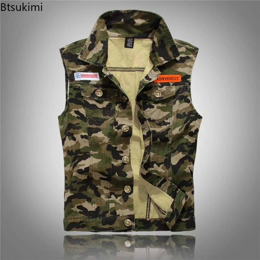 Men's Spring Autumn Camouflage Denim Vest Military Sleeveless Jeans Jackets Fashion Casual Male Vest Camo Waistcoats Homme M-5XL