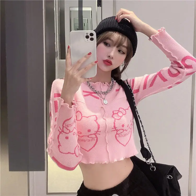

Sanrio Hello Kitty Spring Summer Knit Top Women Long Sleeved Slim Fit Short Sweater Japanese Style Y2k Sweet Girl Casual Sweater