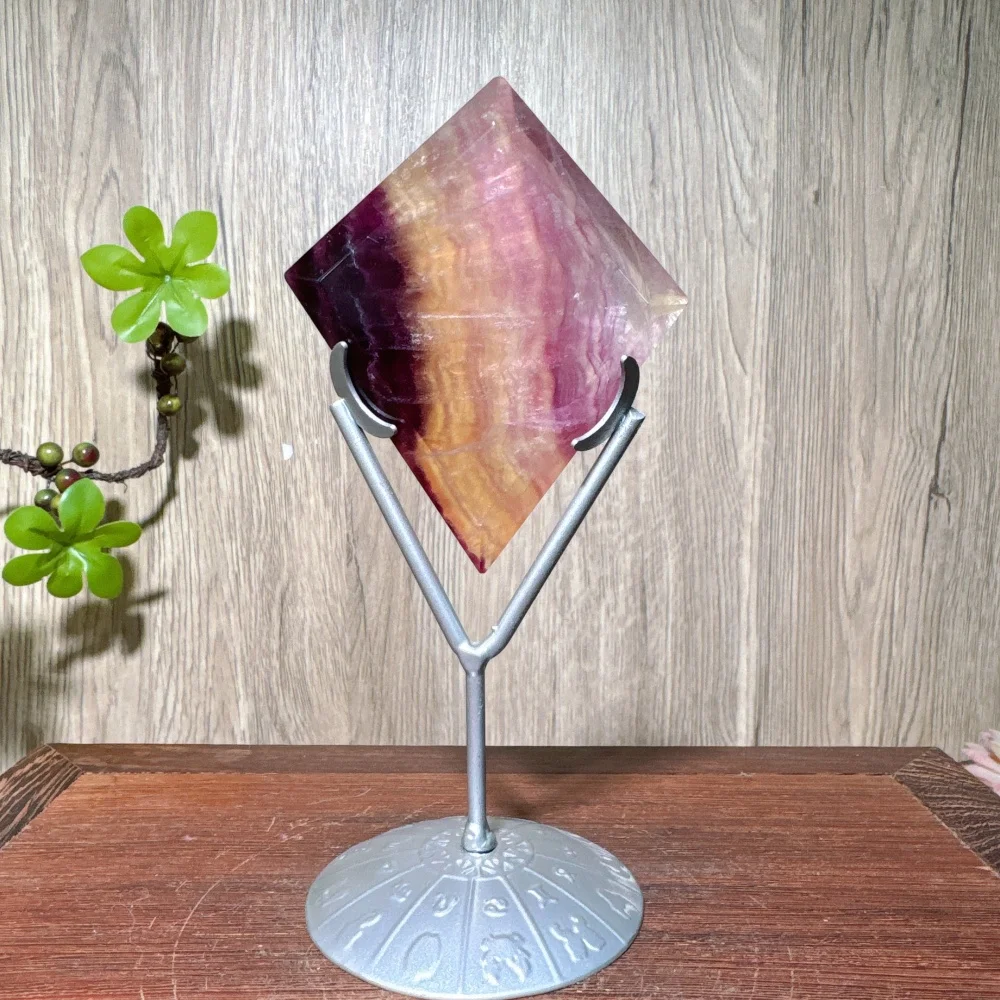 Natural Rainbow Suger Fluorite Green Fluorite Rhombus Shaped Ornaments Magic Mirror Diamond Crystal Handcraft Ornaments +Stand view 2