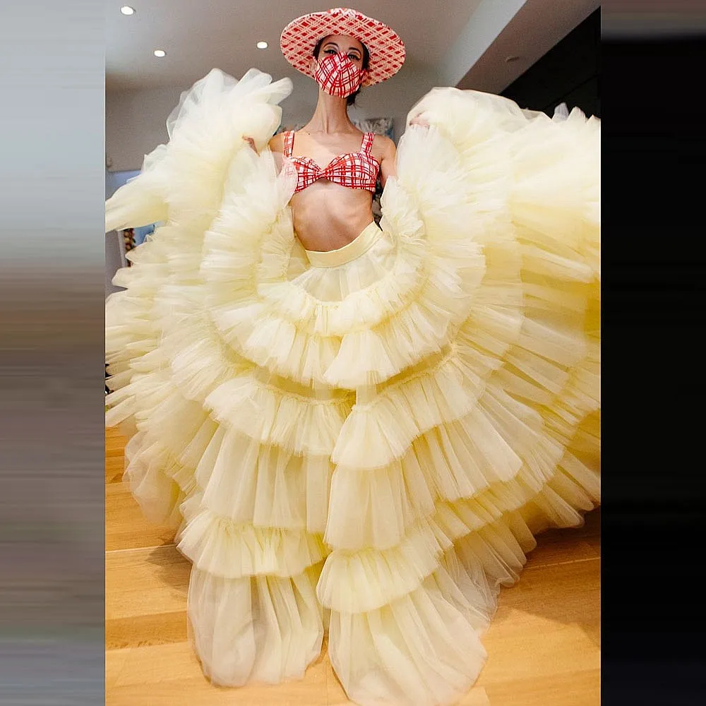 

Желтая пышная юбка-тюльпан для невесты, с высокой талией, многоярусная, длинная макси-юбка, юбка для дня рождения