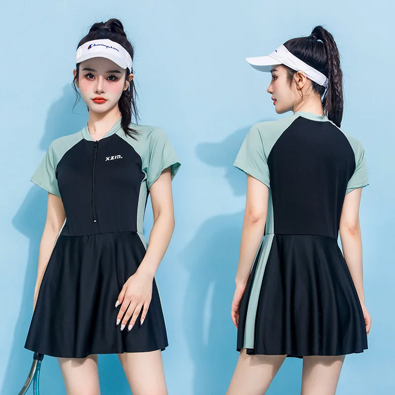 Traje de baño de una pieza de manga larga para mujer con cremallera frontal, bloques de color, falda modesta, protección solar, traje de baño conservador para playa
