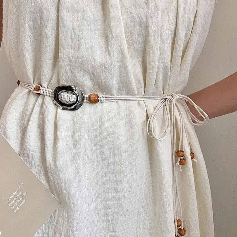 Women Boho Plain Metal Buckle Beaded Knot Waistband Retro Ethnic Style Dress Jeans Waist Chain Belt Female Beach Accessories