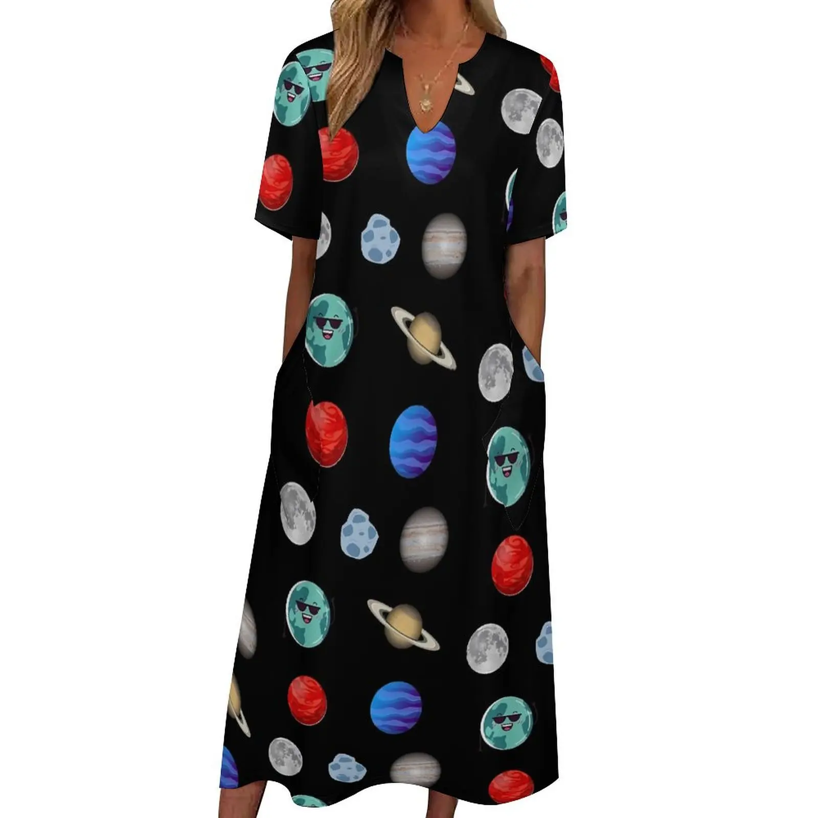 

Space System Dress Colorful Planets Cute Maxi Dress V Neck Graphic Bohemia Long Dresses Aesthetic Oversize Vestido