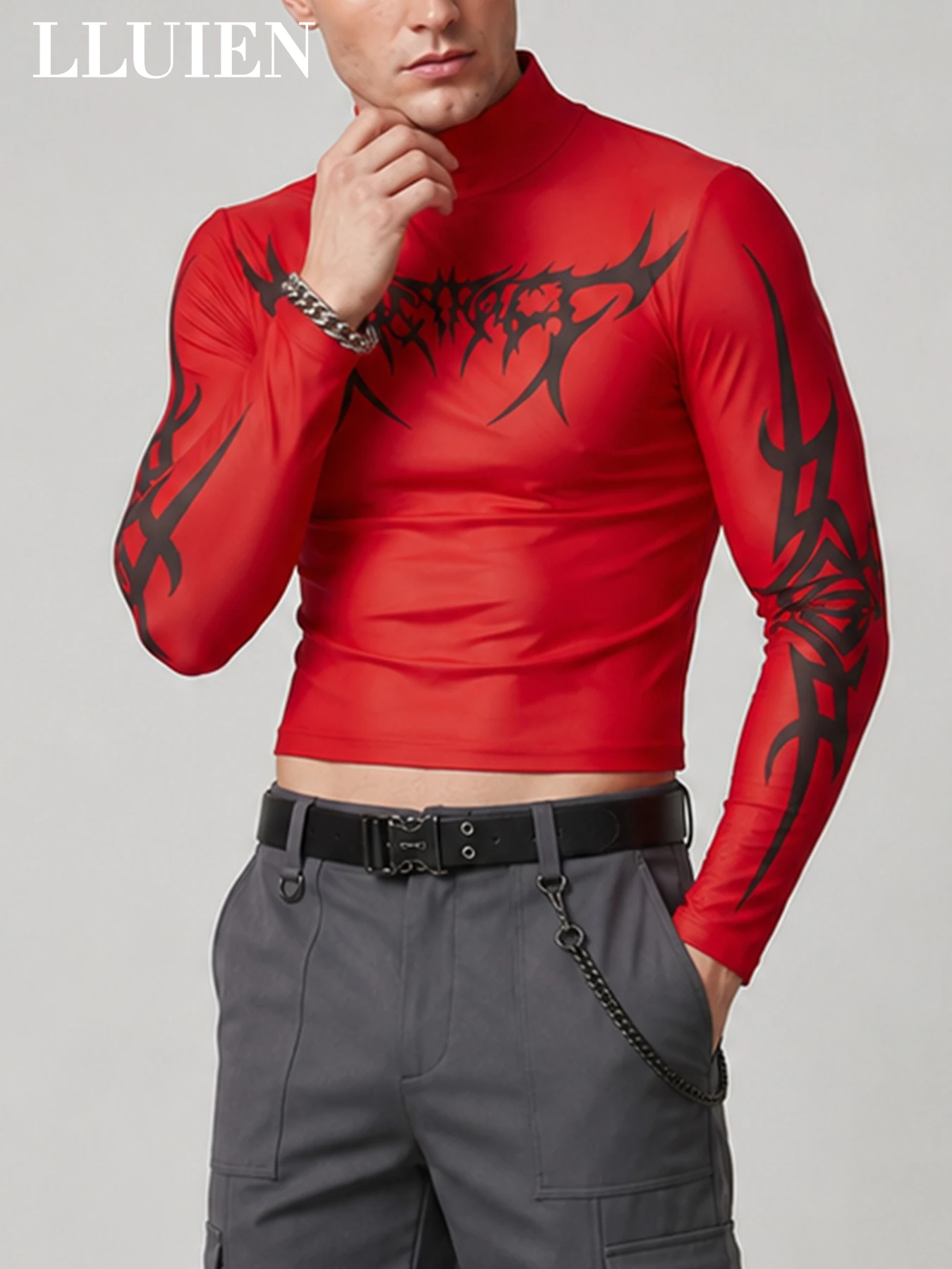 LLUIEN 2026 Neues Modisches Herren Crop-Top Langarm Rollkragen-Shirt mit Aufdruck 100% Polyester Nachtclub Mesh Enganliegendes T-Shirt – Detail 5