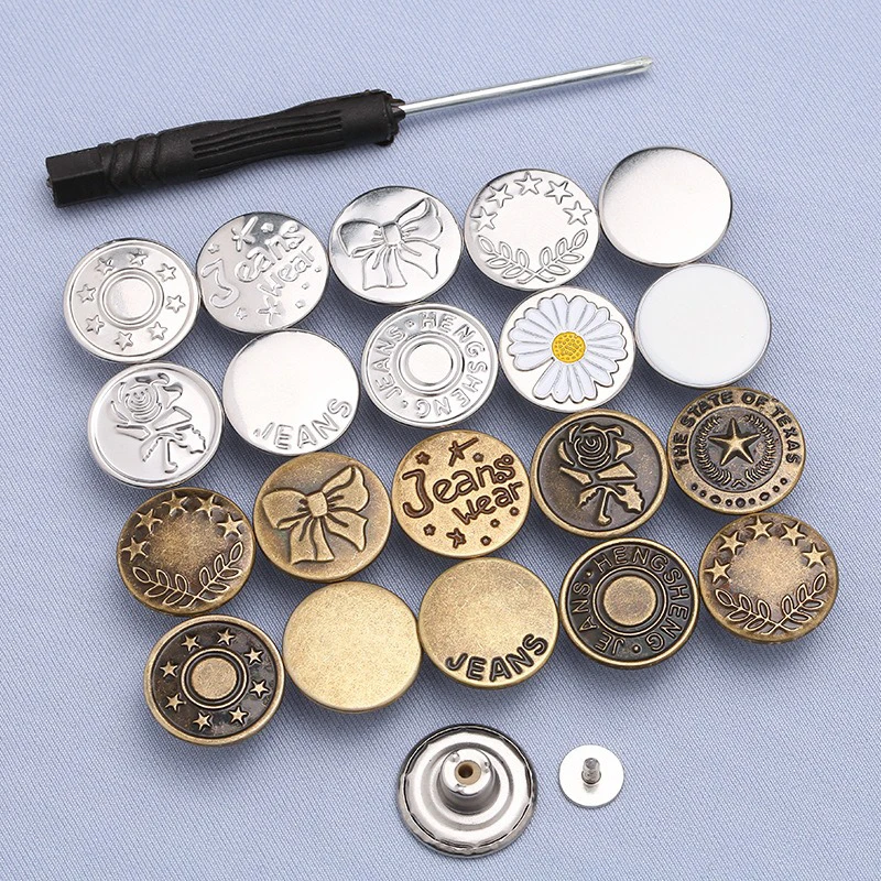 10/20/50Pcs 17mm Jeans Buttons Replacement No Sewing Metal Button Repair Kit Nailless Removable Jean Buttons Replacement Combo