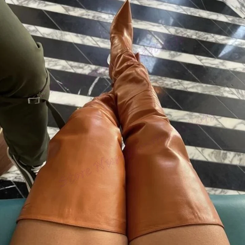 

Brown Matte Leather Knee High Boots Pointed Toe Shoes for Women Stilettos High Heels Sexy Lady Shoes 2024 Zapatos Para Mujere