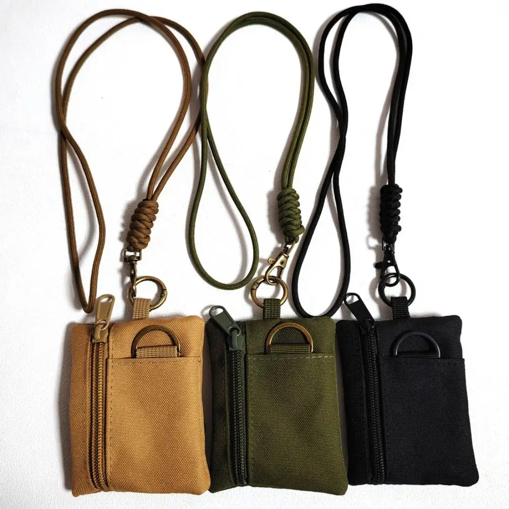 Portable Square Hanging Neck Coin Purse Zipper Casual Oxford Cloth Mini Wallet with Lanyard Nylon Small Card Holder Sports