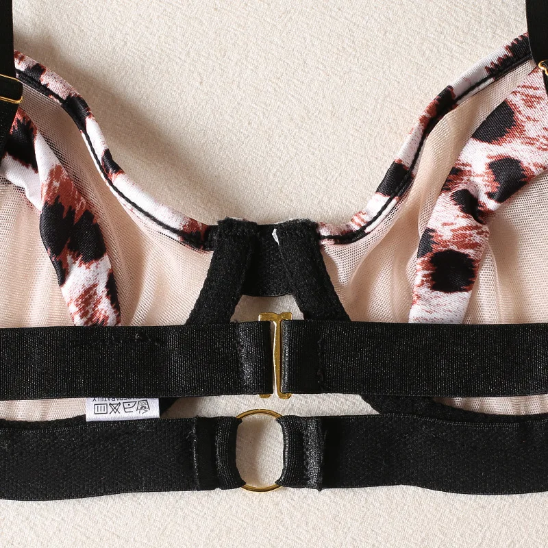 

European and American new women's fashion leopard pattern heavy complex splicing bra three-piece set sexy lingerie set cross-bor