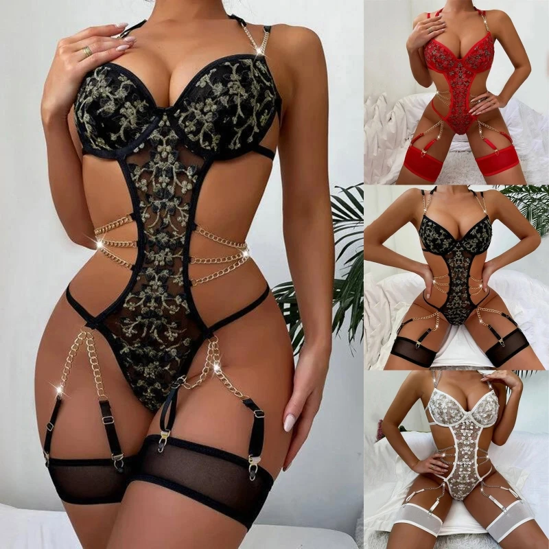 Onlyfans Sexy Women\'s Lingerie Lace Flower Bodysuit Embroidered Hollow Out Plus Size Underwear Porno Doll Pajamas Exotic Apparel