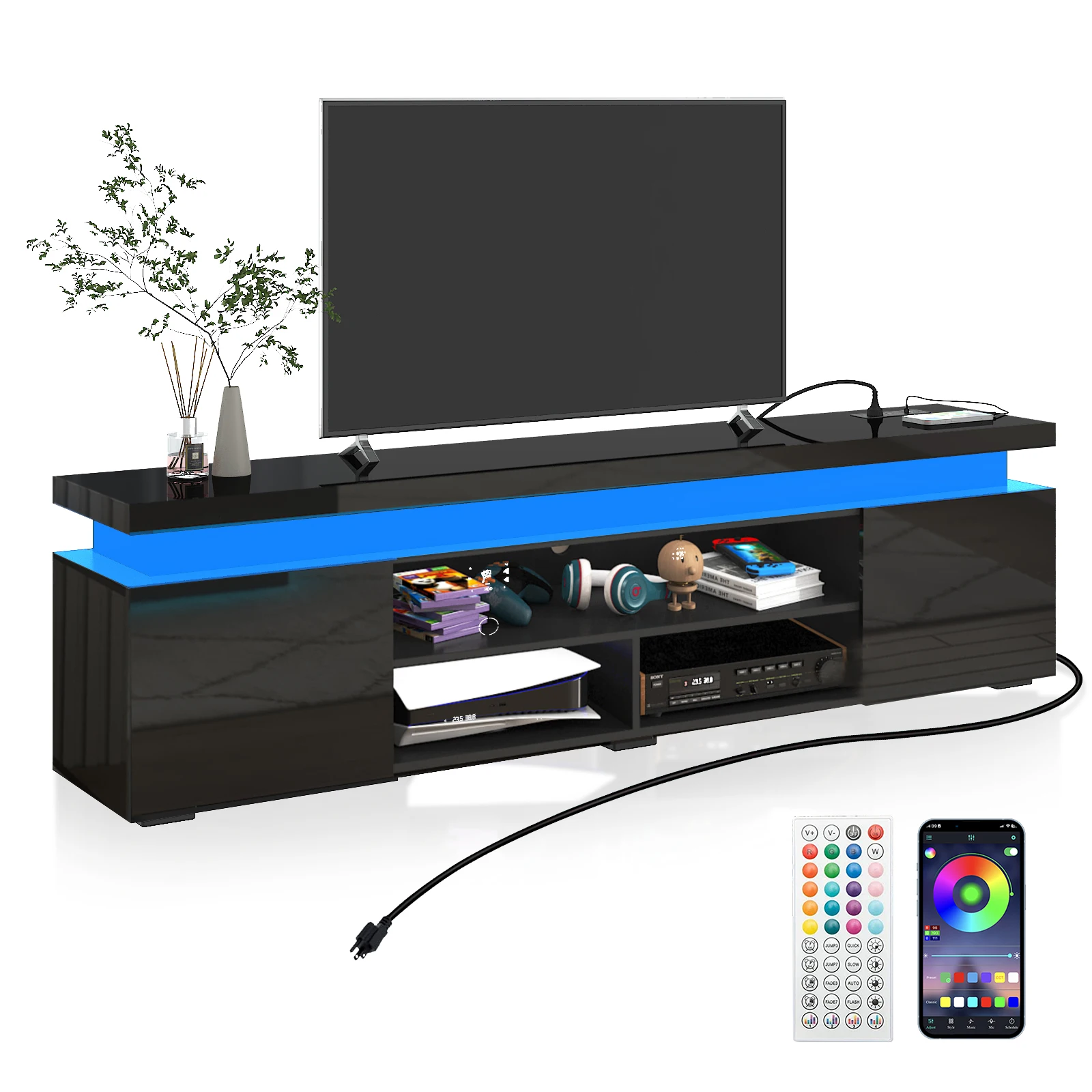 74 Inch LED TV Stand for 80/85 Inch TV, Modern Gaming TV Cabinet with Power Outlet, High Gloss Entertainment Center with Storage