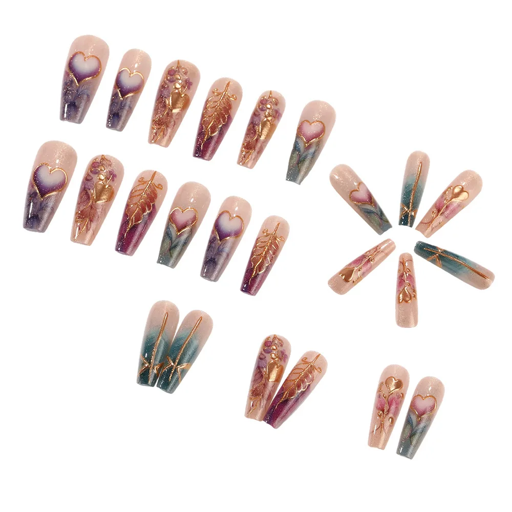24 قطعة/المجموعة 3D الأظافر وهمية للنساء الفتيات الزهور القلب التدرج الأخضر البرتقالي الأرجواني الوردي الفرنسية الباليه نصائح اضغط على الأظافر كاذبة #4