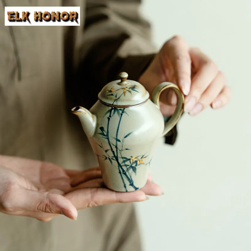 150ML Antique Gold Drawing Teapot Hand-painted Green Bamboo High Waist Pot Tea Brewing Kettle With Filter Tableware Ornaments