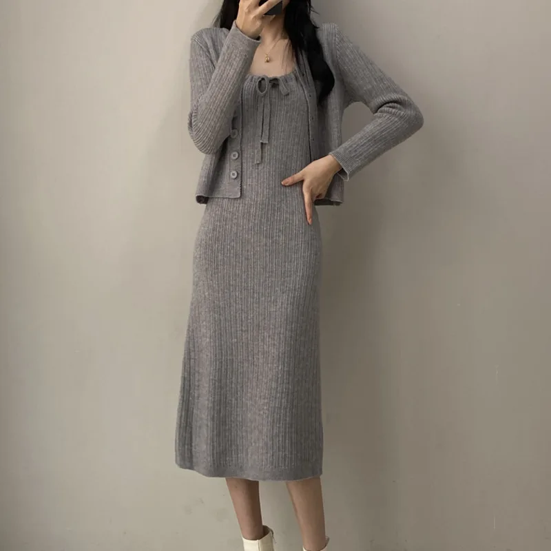 Autumn Winter Knitted 2 Pieces Set For Women Clothing Korean Sweet Retro Single Breasted Short Cardigans+straped Slim Dress Sets