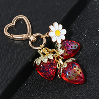 Cute Strawberry Keychain Three Red Crystal Strawberries And Cute Heart Flower Daisy Keychain For Women Bag Charm Jewelry Gifts