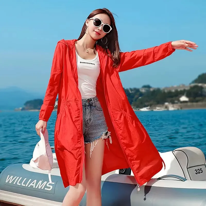 2025 Summer Korean Joker Sunscreen Women\'s Jacket Coat Loose Long Sun Protective Clothing Ice Silk Thin Coat Female Windbreakers