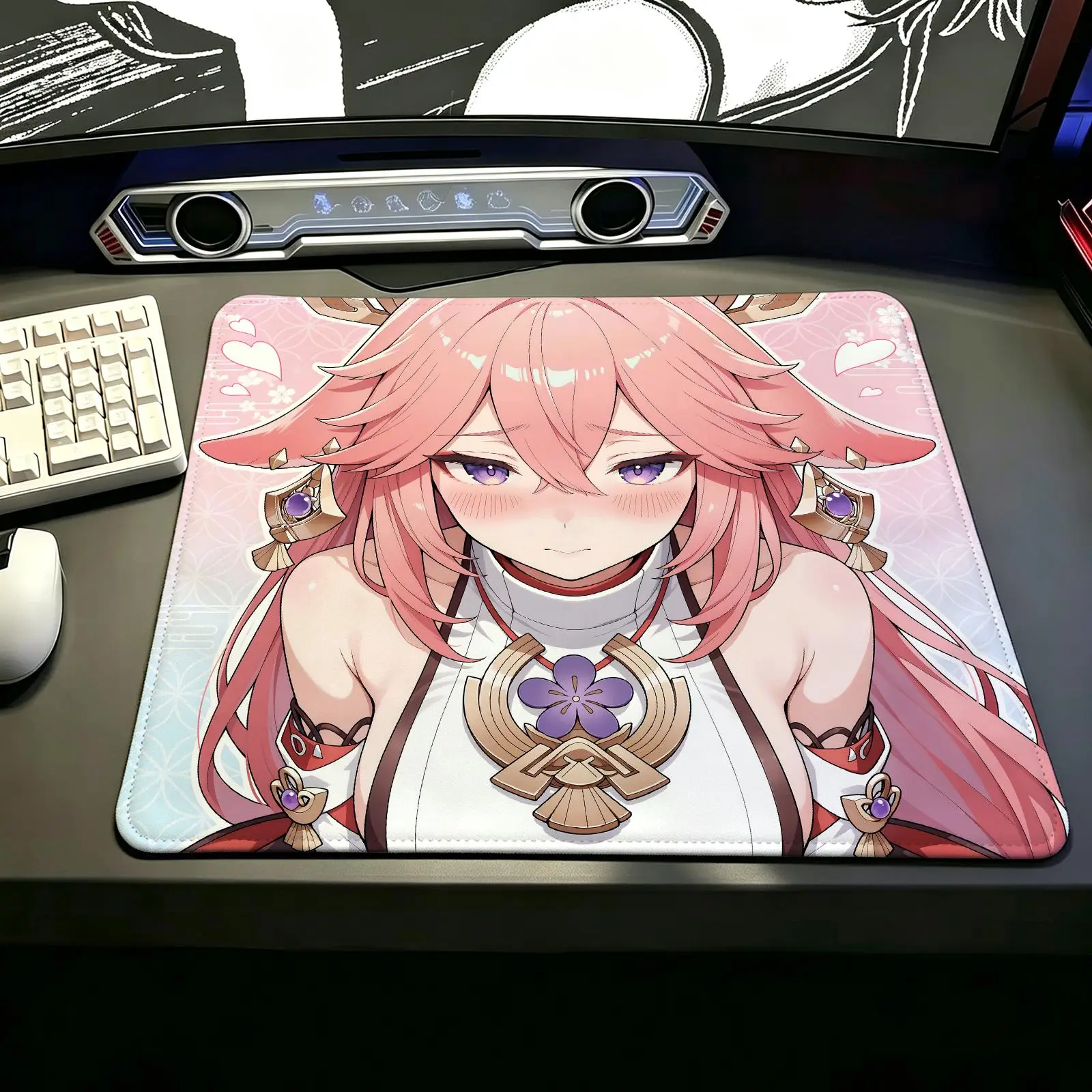 Genshin Impact Yae Miko Mouse Pad Reinforced Stitched Edge,Portable Non‑Slip Pad for Laptop Office & E‑Sports Game Play