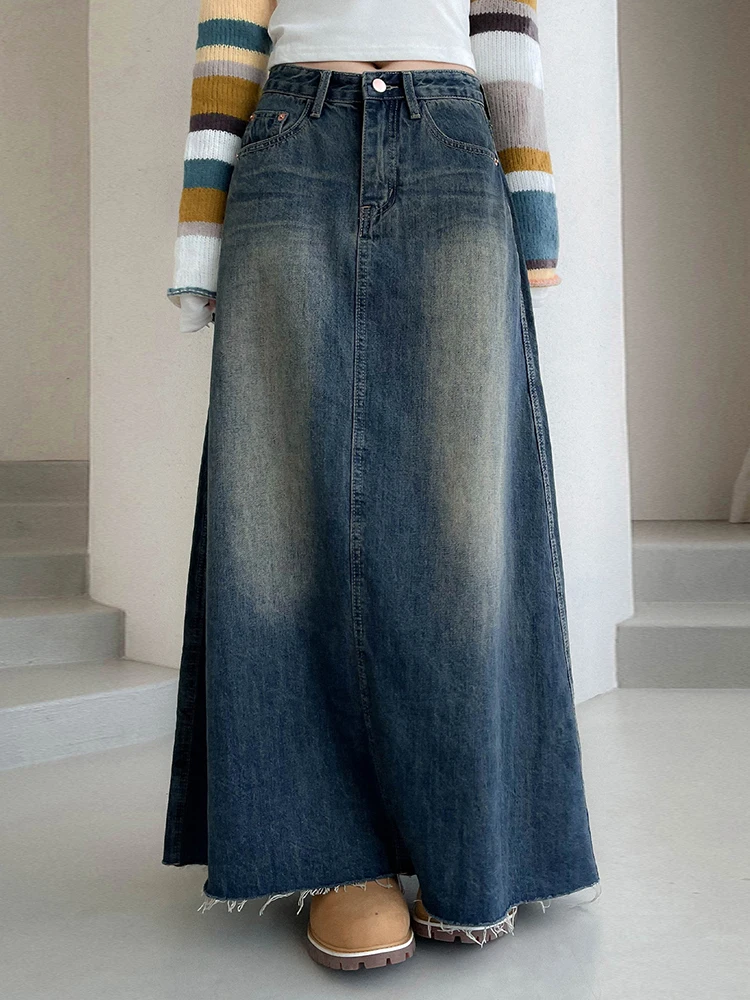 

Vintage Straight All Match Denim Skirts High Waist Loose A-line Dress For Ladies Spring Autumn Simple Commuting Ankle Skirt