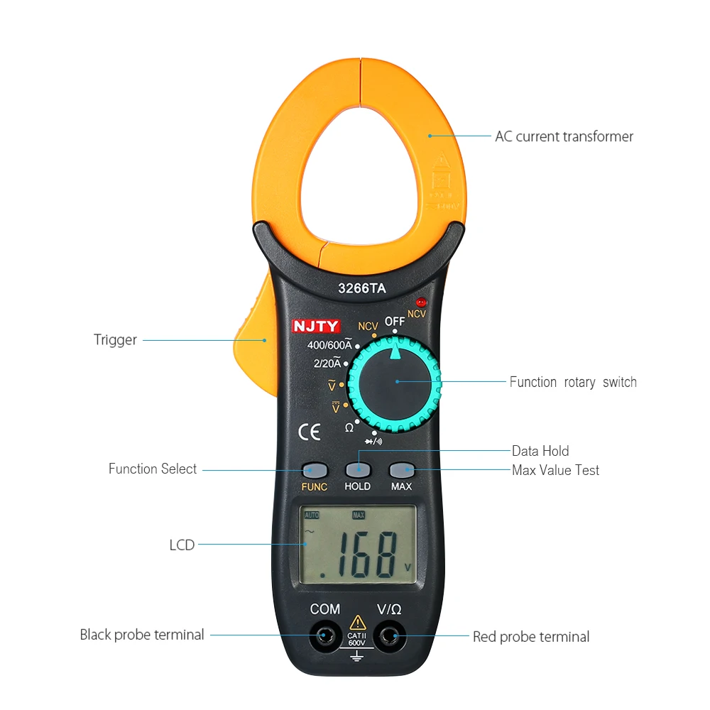 Digital Multimeter Clamp Meter 2000 Counts Auto Range AC/DC Current Voltage Resistance Continuity Diode Measuring NCV Tester