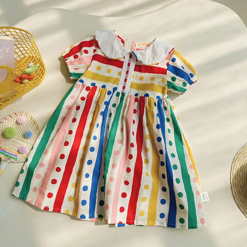 

2024Summer New Girls' Doll Collar Dress Printed Polka Dot Short Sleeve Princess Dress Children's Skirt-MR