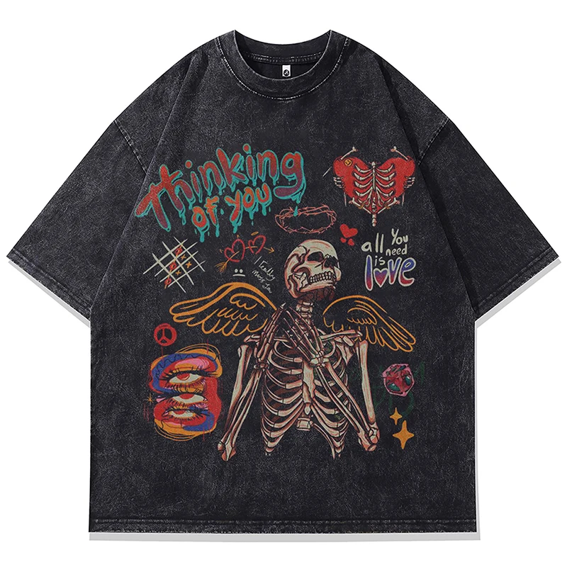 

Summer Mens Washed Tshirts Hip Hop Graffiti Skeleton Printed Grunge T-Shirt Streetwear Harajuku Vintage Casual Cotton Tops Tees