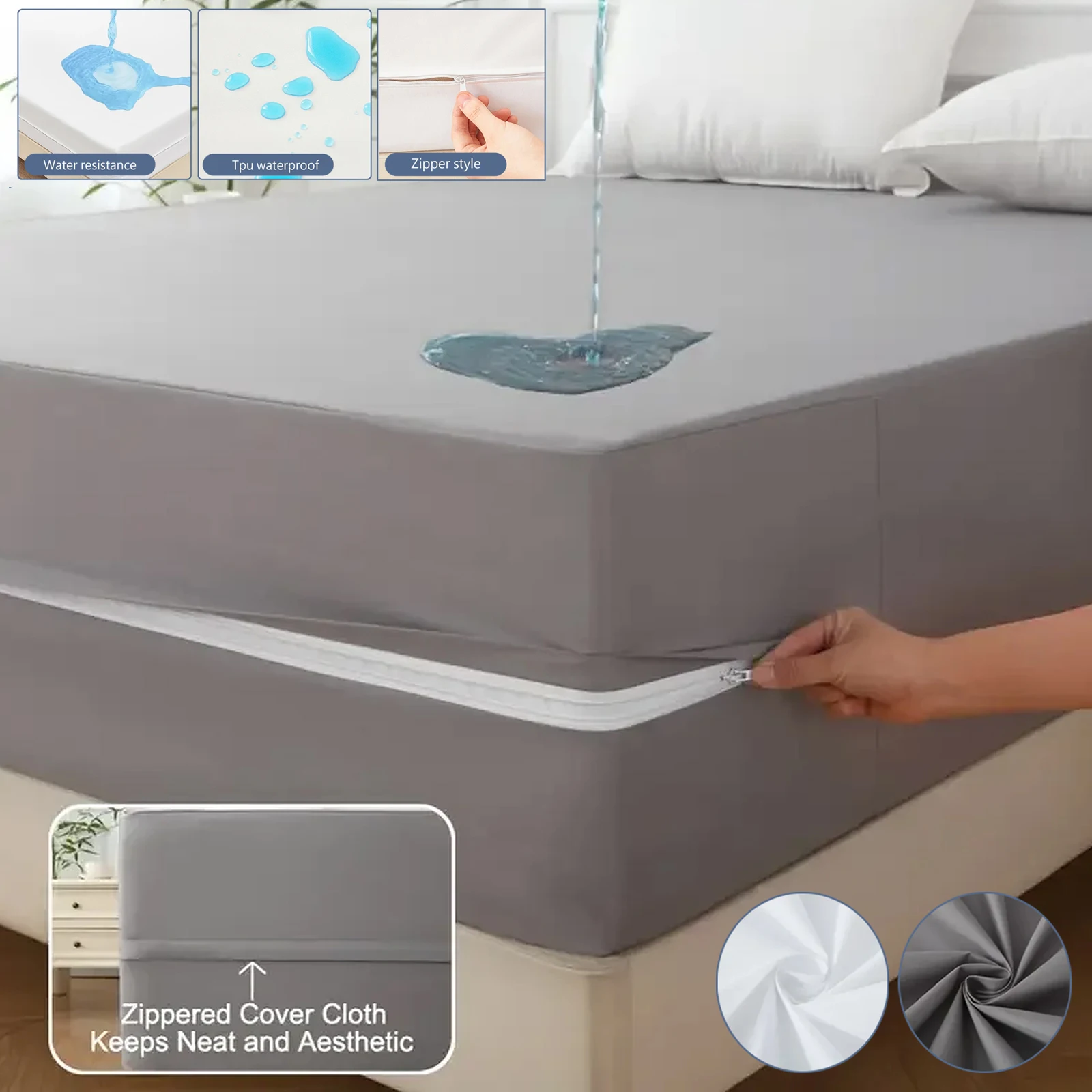 

Waterproof Polyester Mattress Protector Soft Comfortable Breathable Solid Color Bedding Mattress Cover Fitted With Zipper 침대커버