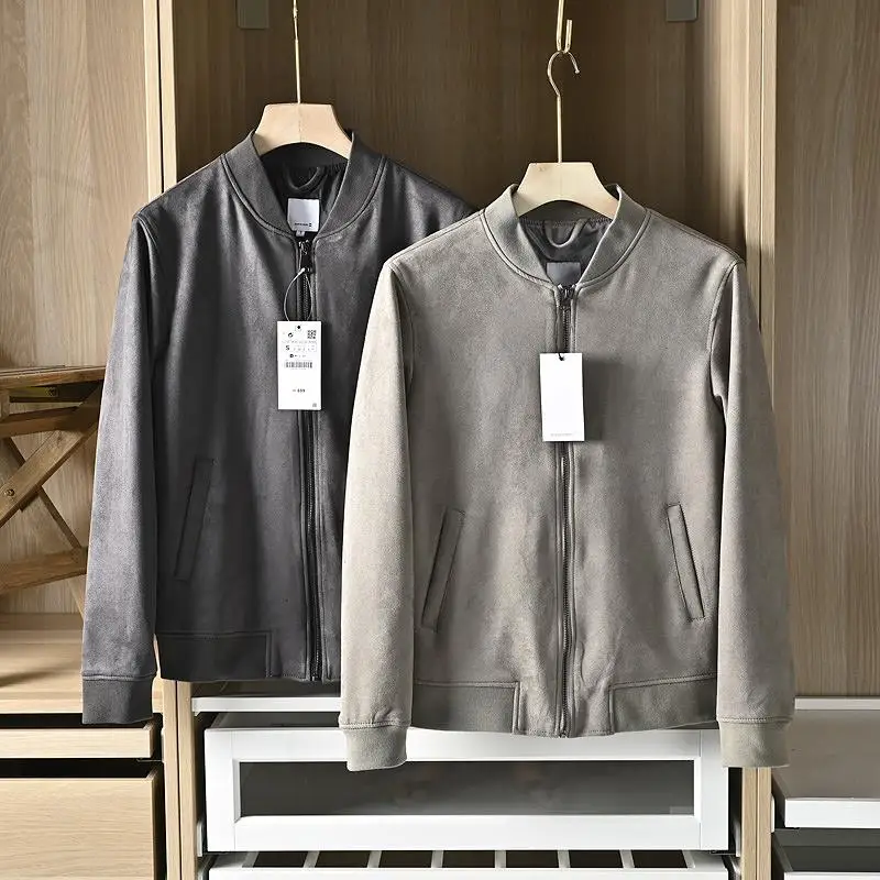 

Casual Suede Baseball Collar Jaet Men's Spring Autumn Outerwear Stand Fit Long Sve Zipper Faion Urban Sle