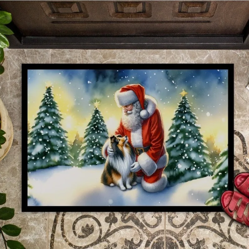 

NEW Sheltie and Santa Claus Doormat 18H×27W Non Slip Washable Low Pile Rug Indoor Outdoor Entryway Front Door Mat